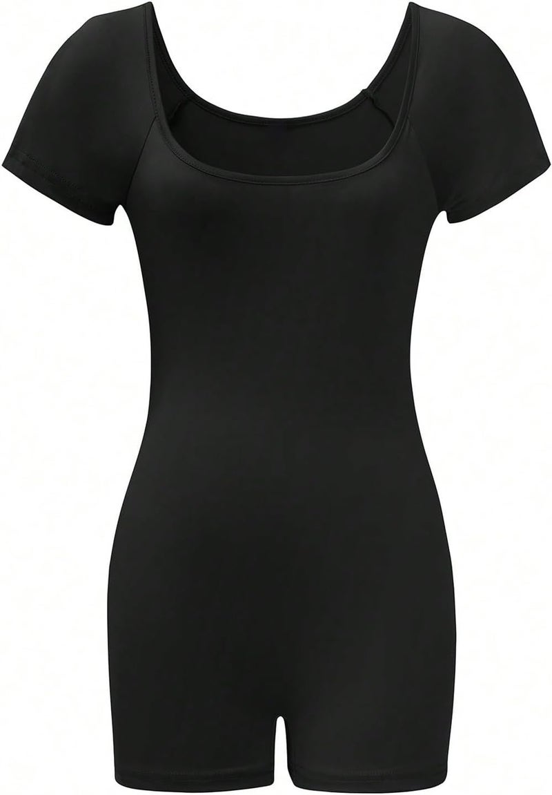 WDIRARA Women's Square Neck Short Sleeve Romper Unitards Bodycon Shorts Jumpsuit - Image 3